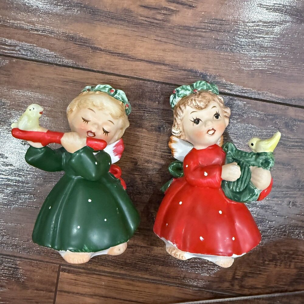 2 Vintage Lefton Christmas Angel Girl Harp Flute Figurines w Bird 1259 1259N G7